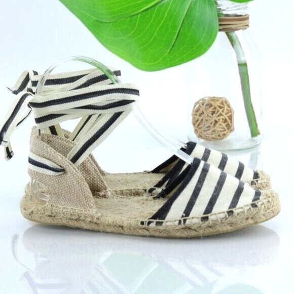 Soludos Womens Sandal Size 5 Cream Linen Espadrille Striped Ankle Wrap Flat - Picture 1 of 11